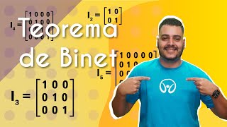 Escrito "Teorema de Binet" ao lado do professor em fundo bege e amarelo.
