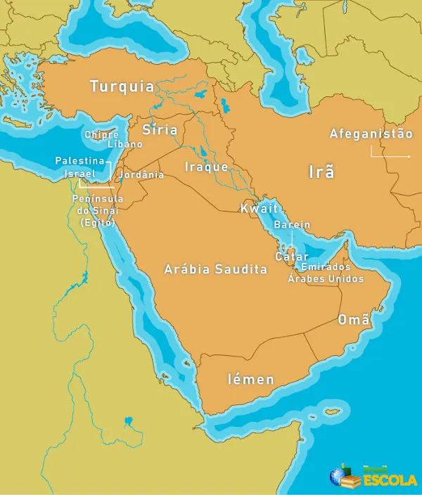 Mapa dos países do Oriente Médio.